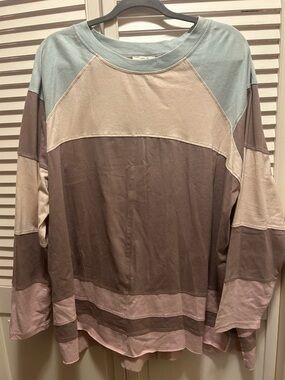 Women’s Colorblock Long-Sleeve Shirt in Light Blue, Beige & Brown